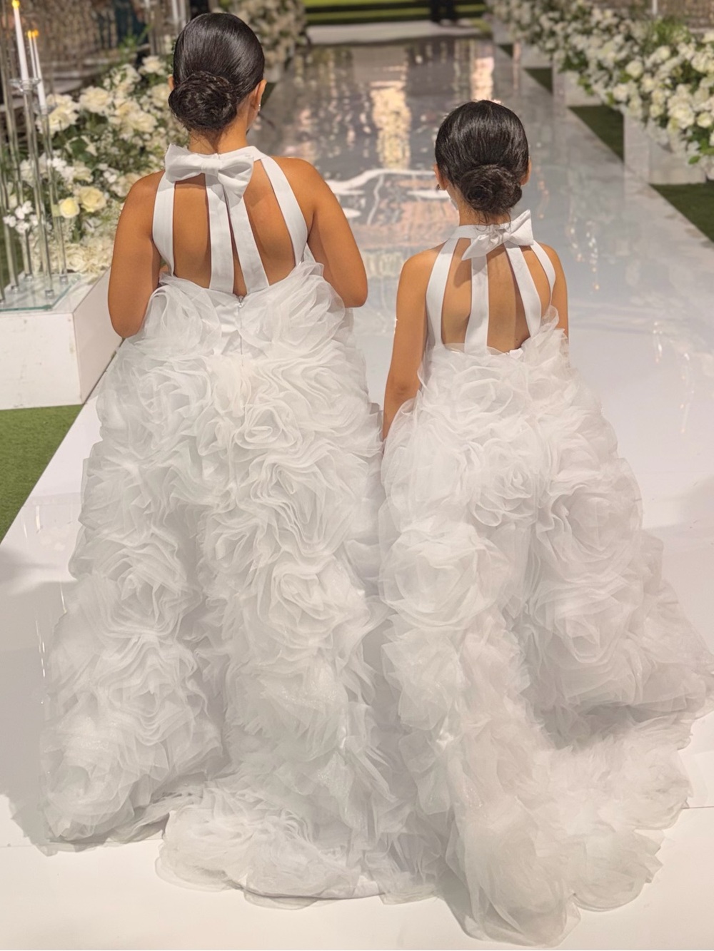 Elegant White Ruffle Flower Girl Dress with Halter Bow
